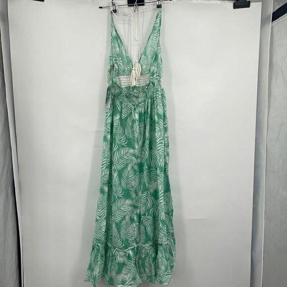 True Destinations Womens Green Leaf Tiered Bohemian Maxi Coverup Dress Small - Picture 2 of 7